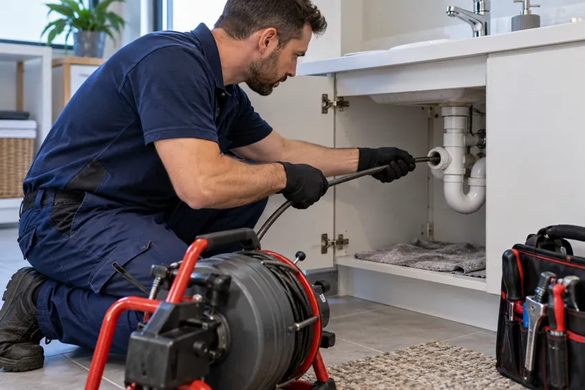 Technicien utilisant un câble de débouchage sur une évacuation accessible