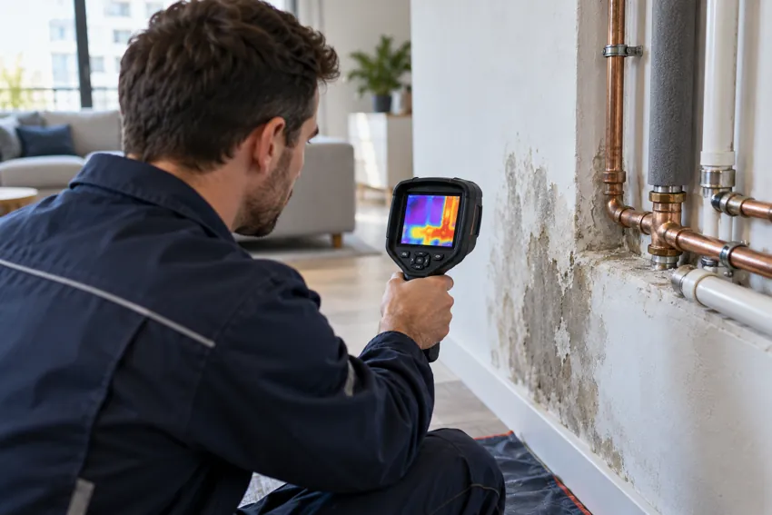 Technicien examinant un mur humide avec une caméra thermique
