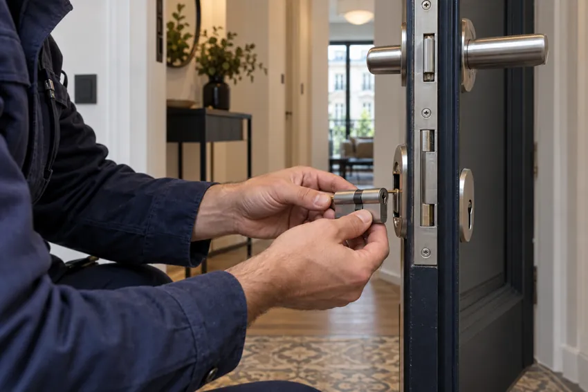 Technicien positionnant un cylindre sur une porte ouverte