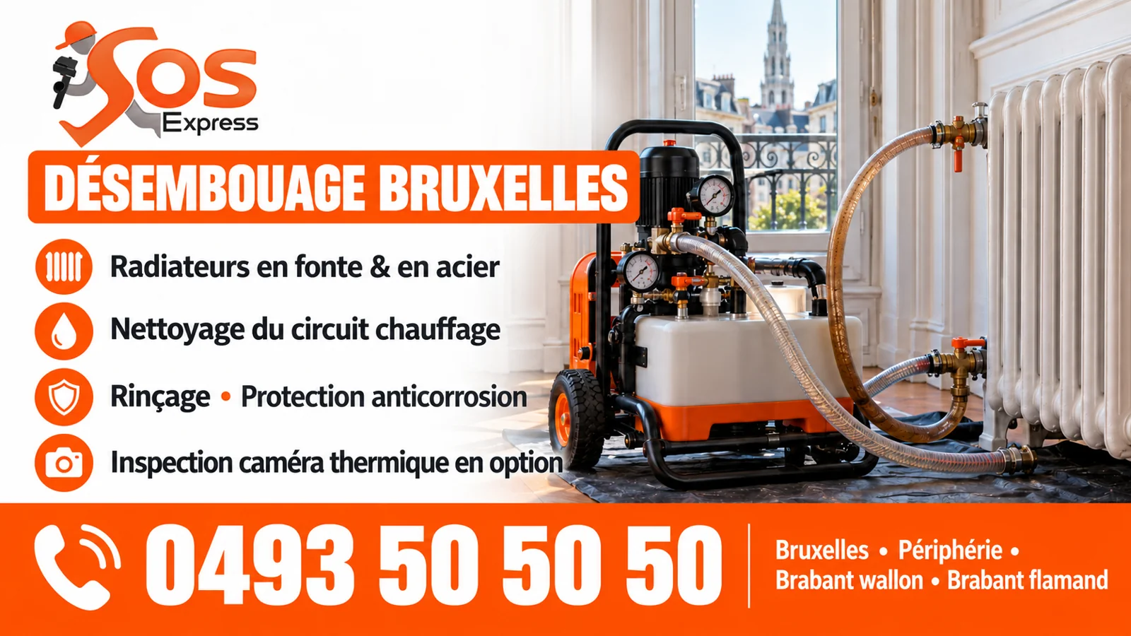 Désembouage Bruxelles : radiateurs fonte et acier, nettoyage du circuit chauffage, rinçage et protection anticorrosion, inspection caméra thermique en option — 0493 50 50 50