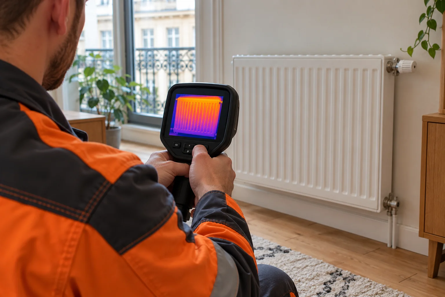 Caméra thermique observant la répartition de chaleur d’un radiateur — inspection chauffage avant et après désembouage à Bruxelles