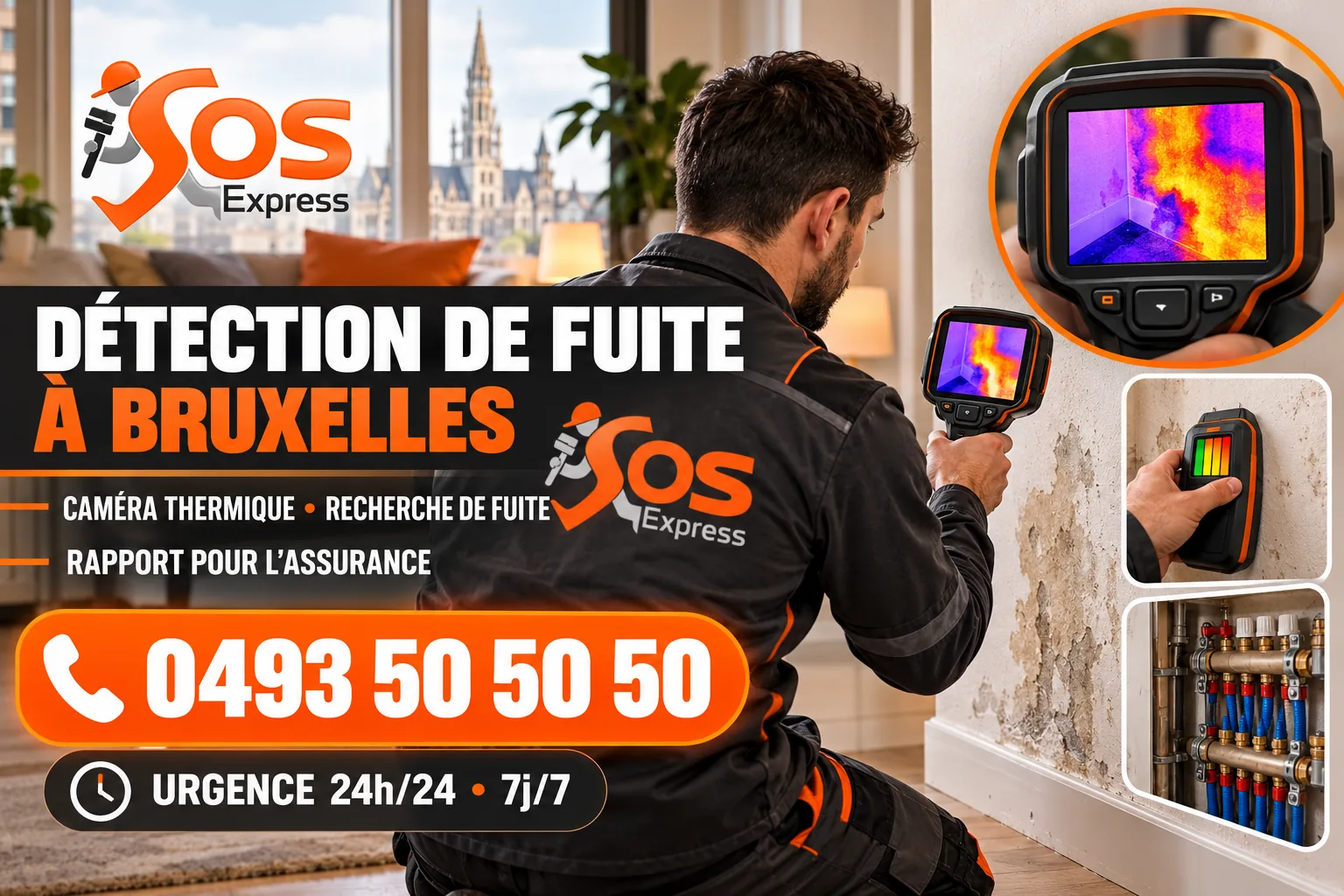Détection de fuite d’eau Bruxelles : technicien avec caméra thermique, rapport pour l’assurance, urgence 24h/24 et 7j/7 — 0493 50 50 50