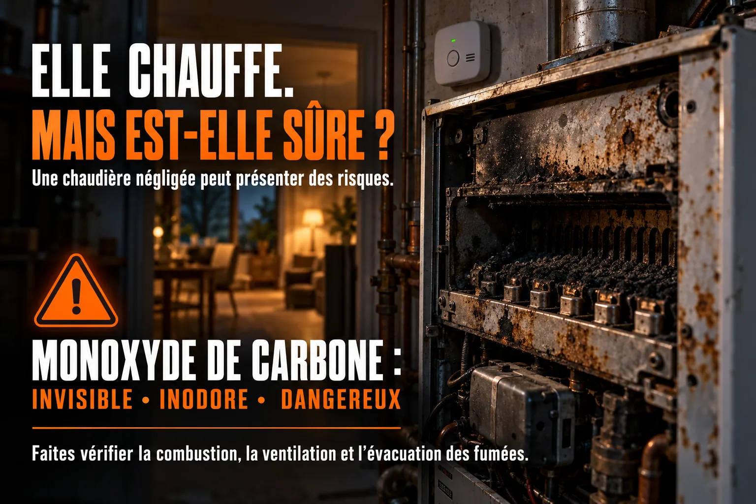 Chaudière encrassée et message de prévention du monoxyde de carbone invisible et inodore — entretien chaudière et sécurité à Bruxelles