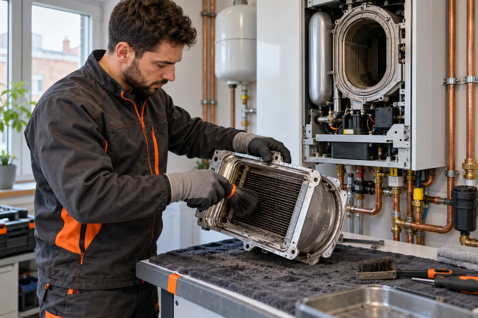 Technicien nettoyant un élément du corps de chauffe d’une chaudière gaz — entretien chaudière à Bruxelles