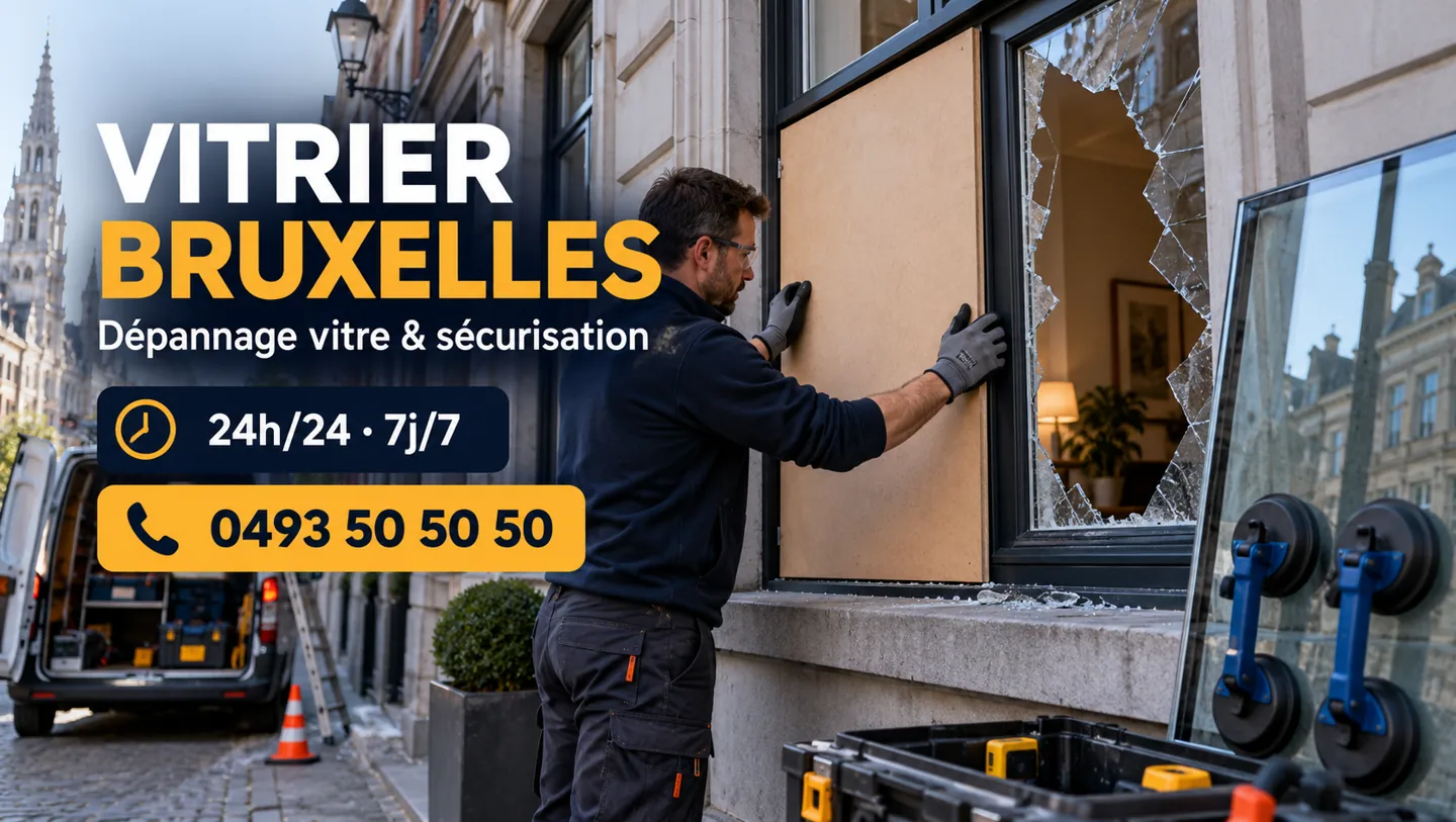 Illustration du dépannage vitrier Bruxelles : panneau de fermeture provisoire, 24h/24 et 7j/7, 0493 50 50 50