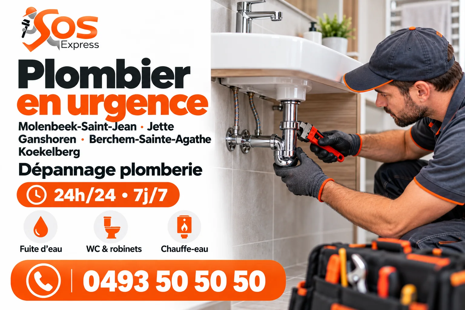 Plombier Molenbeek-Saint-Jean, Jette, Ganshoren, Berchem-Sainte-Agathe et Koekelberg : dépannage plomberie, fuite d’eau, WC, robinets et chauffe-eau — 24h/24 et 7j/7 — 0493 50 50 50