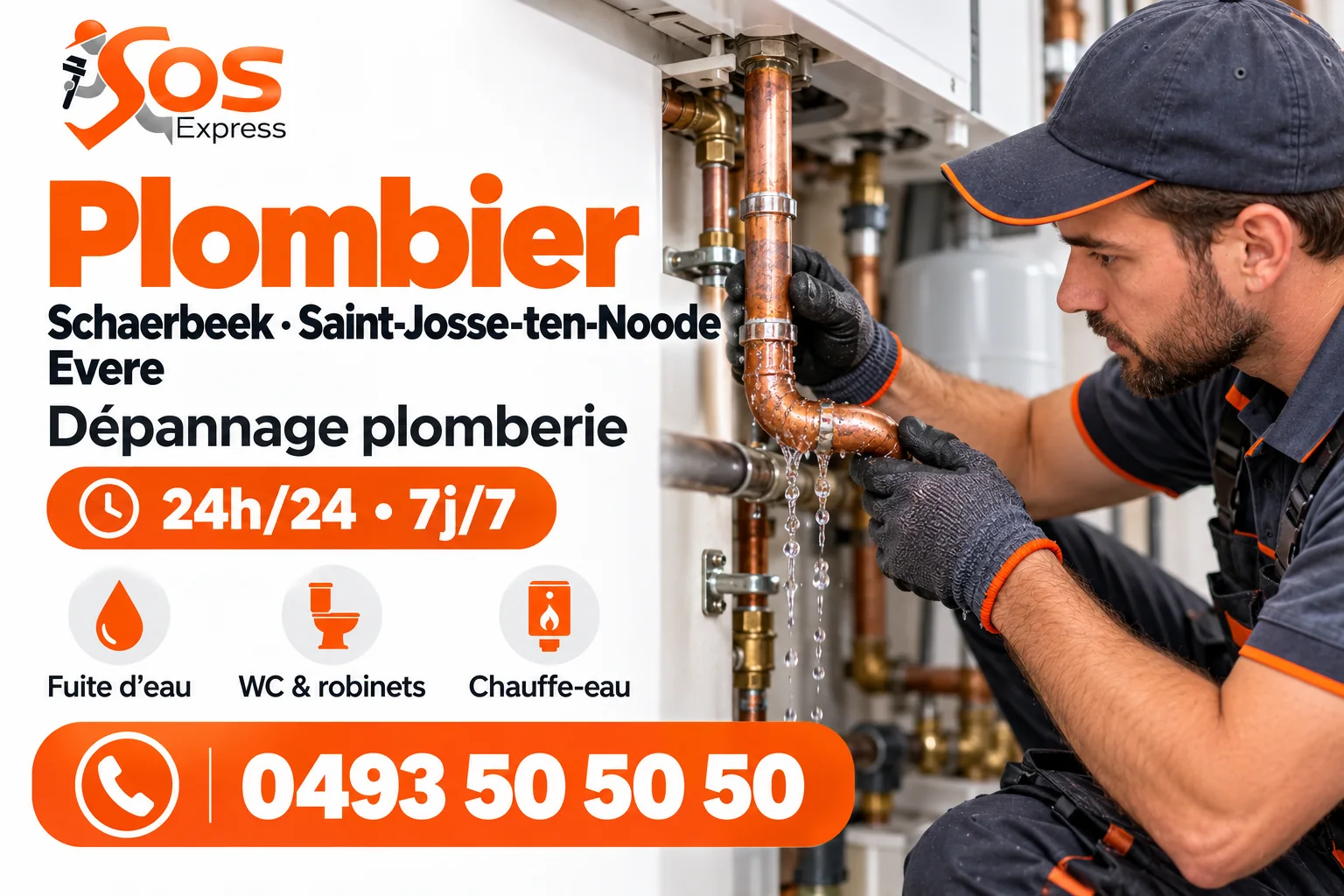 Plombier Schaerbeek, Saint-Josse-ten-Noode et Evere : dépannage plomberie, fuite d’eau, WC, robinets et chauffe-eau — 24h/24 et 7j/7 — 0493 50 50 50
